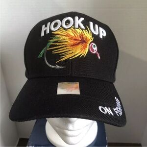 Fishing Cap “Hook Up” On Fishing Lure Black Cap Adjustable Strap
